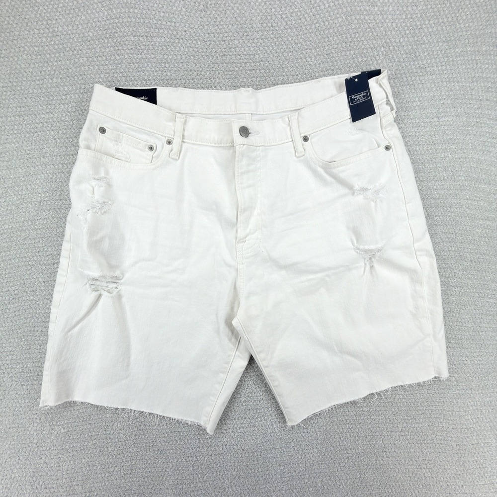 Abercrombie & Fitch Shorts Mens 38 White Denim Distressed Raw Hem 8" Preppy